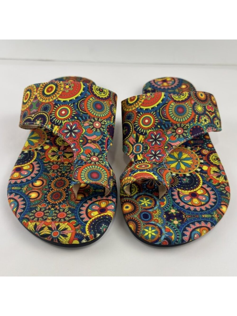 Boho Toe Ring Slide Sandal Womens Size 41 Multicolor Mandala Casual Slippers NEW
